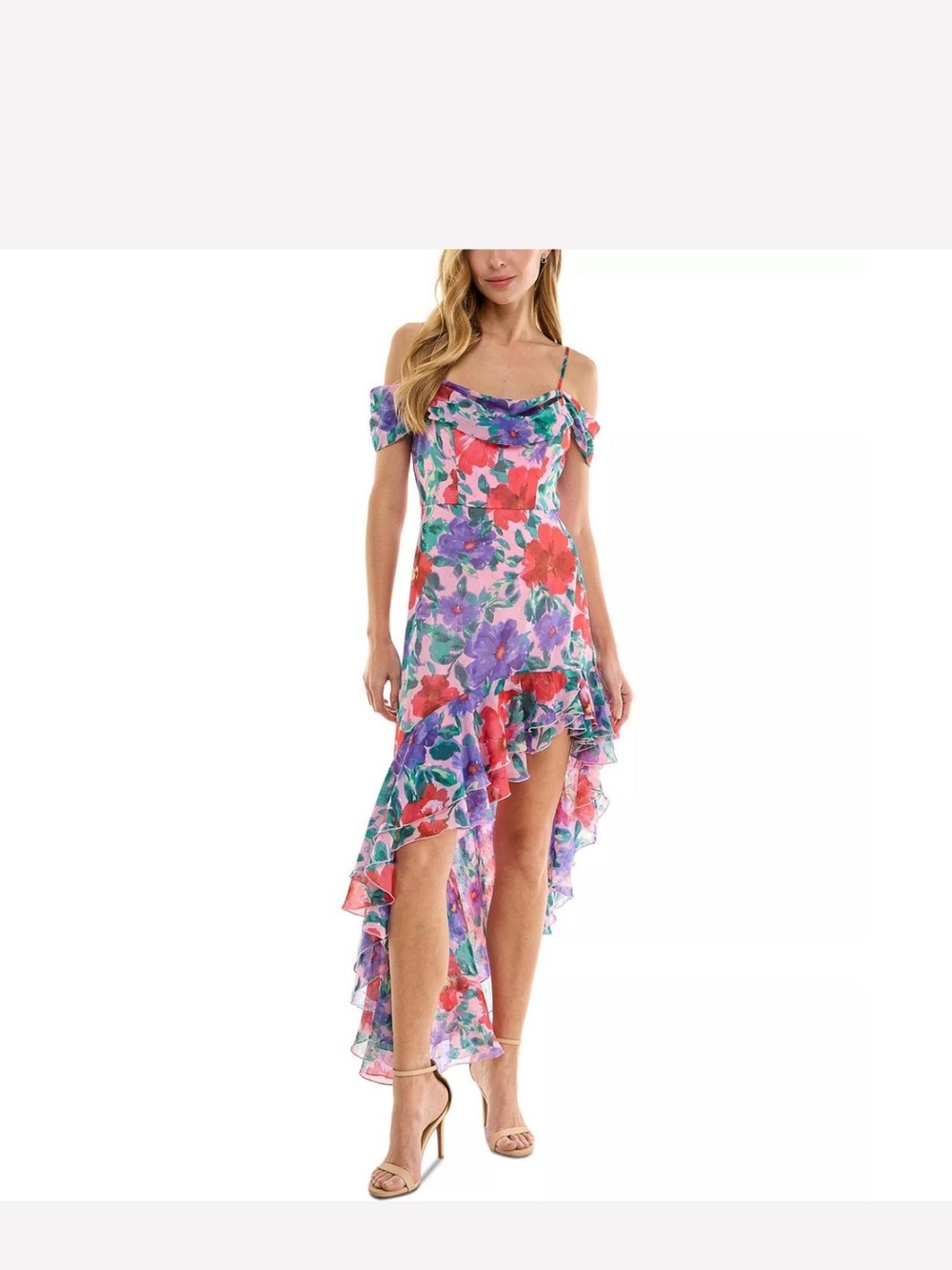 City Studios Floral Asymmetric Ruffle Midi Dress Sz L Nwt